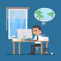 Business man working hard and dreaming about vacation on a beach. Vector illustration in flat cartoon style. Royalty Free Stock Photo