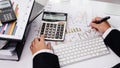 Business man working at office with desktop computer and documen Royalty Free Stock Photo