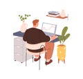 Business man works at laptop computer screen, sitting in chair at table, desk. Employee, remote worker at workplace with