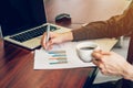 Business man writing paper sheet on wood table in office. Royalty Free Stock Photo