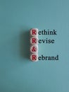 Business management branding concept of rethink revise and rebrand words on wooden cubes. Royalty Free Stock Photo