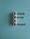 Business management branding concept of rethink revise and rebrand words on wooden cubes.