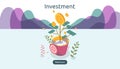 Business management growth concept. Returns on investment isometric vector illustration with money coin plant in flower pot.