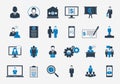 Business Management Icons with Corporate Man, Bank, Team, Data Analysis, Presentation, Contract, Online Help, Insurance Sign. Royalty Free Stock Photo
