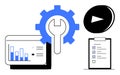 Data Analysis Tools with Gear, Graphs, Checklist, and Play Symbol for Business and Productivity Royalty Free Stock Photo