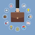 Hand holding briefcase with icons. Business management flat illustration Royalty Free Stock Photo