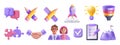 3D teamwork partner person avatar icon set, vector puzzle, handshake, partnership project funnel. Royalty Free Stock Photo