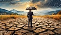 business manager with umbrella in the middle of dry cracked ground Royalty Free Stock Photo