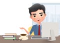 Business manager vector character. Male business character talking and sitting in office desk.