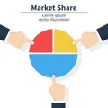 Business market share concept. Businessman holding in hand pie chart. Financial, share profit. Vector illustration flat