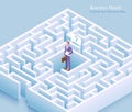 Business maze conceptual design. Businessman standing at labyrinth and thinking of finding a way out vector