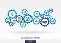 Business mechanism concept. Abstract background with connected gears and icons for strategy, digital marketing concepts Royalty Free Stock Photo