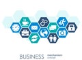 Business mechanism concept. Abstract background with connected gears and icons for strategy, service, analytics Royalty Free Stock Photo