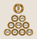 Business mechanism concept of success with gold, silver gears, dollar sign