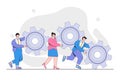 Business mechanism, strategy analysis concept with gears. Business people engaged in promotion. Outline design minimal vector