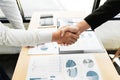 Business Meeting agreement Handshake concept, Hand holding after finishing up dealing project or bargain success at negotiation ov Royalty Free Stock Photo