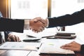 Business Meeting agreement Handshake concept, Hand holding after finishing up dealing project or bargain success at negotiation ov Royalty Free Stock Photo