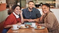 Business meeting, cafe and portrait of web design consultation group with a smile. Working, planning and diversity of Royalty Free Stock Photo