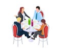 Business meeting. Collegues in cafe, work lunch. Isometric man woman eating drinking and communicate. Teamwork or Royalty Free Stock Photo