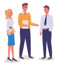 Business meeting, communicating colleagues, woman and men partners, standing businesspeople