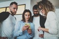 Business meeting concept.Coworkers team working with mobile devices at modern office.Blurred background. Royalty Free Stock Photo