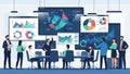 Business meeting with diverse team analyzing complex data on large screens analysis Royalty Free Stock Photo