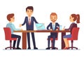 Business meeting in office at conference table with talking businessmen and businesswomen vector illustration Royalty Free Stock Photo