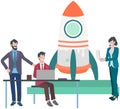 Business meeting with people and rocket launch. Innovative project, flying up rocket, startup Royalty Free Stock Photo