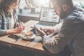 Business meeting. Teamwork. Businessman and businesswoman sitting at table and working. Royalty Free Stock Photo