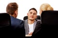 Business meeting-three people sitting and talking