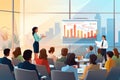 Business meeting vector illustration. Businesswoman giving presentation to colleagues in conference room. Teamwork, meeting and Royalty Free Stock Photo