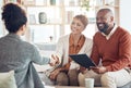 Business meeting, welcome handshake and couple meet with lawyer or financial advisor. Elderly married man, wife and Royalty Free Stock Photo