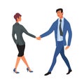 Business meeting of woman and man in suits shaking hands. Vector illustration in flat cartoon style. Royalty Free Stock Photo