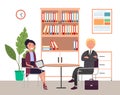 Business meeting or working process. Woman sitting in office workspace communicating with a man Royalty Free Stock Photo