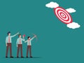 Business men aim arrow to target on sky, depicting success,goal,profit,idea,teamwork.Vector illustration