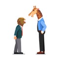 Business men with cat and giraffe heads arguing