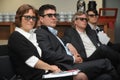 Business men with 3d glasses at exhibition and trade show Royalty Free Stock Photo