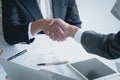 Business men handshake for greeting, agreement, successful deal, partnership, cooperation at office desk. Business shaking hand Royalty Free Stock Photo