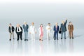 Business men lining up with doctors and nurses supporting them to fight together. Miniature people figure