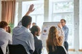 Business man raising hand during seminar. Hand up in conference asking to answer question in business meeting room Royalty Free Stock Photo