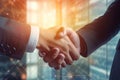 Business men Shaking hands closing or sealing a deal. Business meeting and partnership concept. Blurred background. Generative Ai Royalty Free Stock Photo