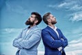 Business men stand blue sky background. Perfect in every detail. Well groomed appearance improves business reputation Royalty Free Stock Photo