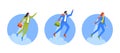 Business Men and Women Characters Flying Off with Jet Pack and Rocket Launch Startup Project Isolated Round Icons