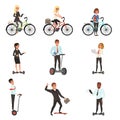 Business men and women on different vehicles: electric hoverboard, segway, bicycle, skateboard. Young office workers