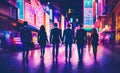 Business men and women figures holding hands walking, on road in a busy city, night of vibrant neon light, AI generated