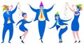Business men and women fun office party. Flat cartoon people dancing fools day Royalty Free Stock Photo