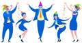 Business men and women fun office party. Flat cartoon people dancing fools day