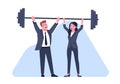 Business men and women keep weight off by working as team. Employees teamwork. Workers lifting barbell. Partnership Royalty Free Stock Photo