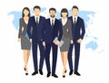 Business men and women silhouette. team businesspeople group hold document folders on world map background vector Illustration Royalty Free Stock Photo