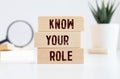 Business message KNOW YOUR ROLE written with chalk on wooden mini blackboard labels. Royalty Free Stock Photo